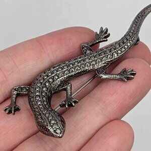 Vintage Silver Lizard Marcasite Brooch Pin - 3 inches long